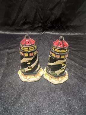 Vintage Ceramic Lighthouse Salt and Pepper Shakers Set Black, White, and Red